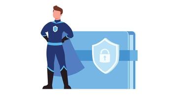Standing security hero with lock shield on file. Data security concept, vector