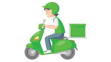 Delivery boy riding scooter with delivery box in green uniform. concept of grocery and parcel delivery service. vector