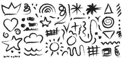 collection of abstract charcoal doodles, including various shapes, symbols, and patterns. vector
