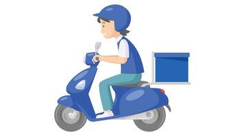 Delivery boy riding scooter with delivery box in blue uniform. concept of medicine and parcel delivery service. vector