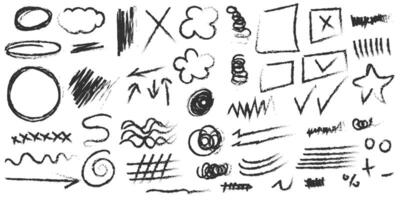 set of charcoal doodle, drawn scribble, texture illustration. flat design vector