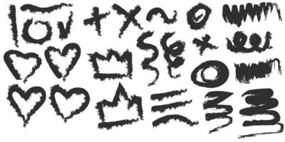 black charcoal doodles, including hearts, crowns, swirls, and abstract shapes. drawn, scribble, texture vector