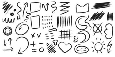 Charcoal curly lines, squiggles and shapes. scribbles collection. Hand drawn lines and doodles. Black charcoal vector