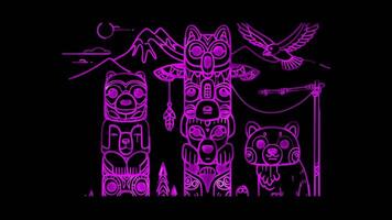 Neon- Rahmen bewirken Totem Stangen und Inuit Skulpturen, glühen, schwarz Hintergrund. video