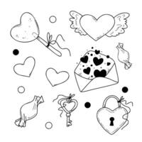 illustration of cartoon elements for Valentine day in doodle style. vector