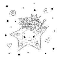 ilustración, estrella de mar en un guirnalda de flores en garabatear handdraw estilo vector