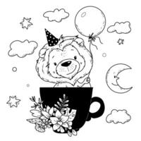 illustration, lion in a cup with a balloon in handdraw doodle style vector