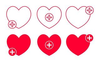 set of red heart icons with plus symbol. vector