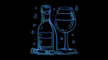 Neon frame effectbottle and a wine glass, glow, black background. video