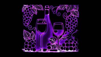 Neon frame effectbottle and a wine glass, glow, black background. video