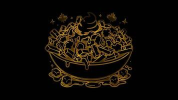 Neon frame effect poutine, a traditional Canadian dish consisting of French fries topped with cheese , glow, black background. video