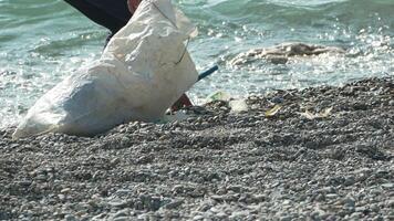 Garbage on beach - Elder Man collects garbage on beach after storm, maintaining cleanliness and preserving environment. video