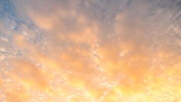 le coucher du soleil ciel des nuages laps de temps. vif jaune, orange, rose cumulus et cirrus des nuages en volant rapide dans le coucher du soleil ciel. spectaculaire et magnifique soir scène. temps, climat changement. beauté monde. video