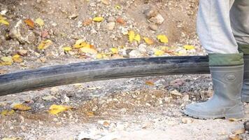Plastic pipes laid in trenches. Workers are installing water pipeline under a city street in a trench. New pipeline in a process of building, under construction. Workers are laying pipeline. Close up video