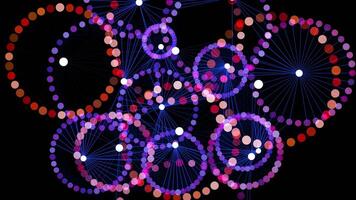 A dynamic and vibrant featuring colorful circles, lines, fireworks, and a network of dots on a black background. Perfect for a modern and innovative visual concept video