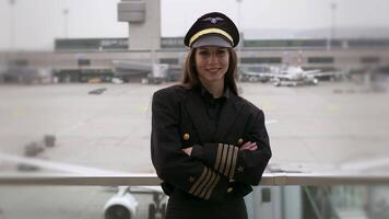 joven exitoso hembra aerolínea capitán piloto preparando para vuelo a aeropuerto video