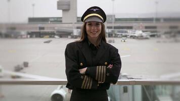 Portrait of Confident Woman in Uniform Working in Aviation Business Career Job video