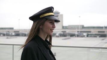 jong geslaagd vrouw vliegmaatschappij gezagvoerder piloot voorbereidingen treffen voor vlucht Bij luchthaven video