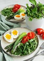 Fresh Spring Salad With Boiled Eggs, Asparagus, and Tomatoes on a Bright Day photo