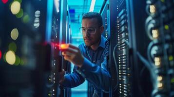 A worker carefully inspects and upgrades the firewalls and encryption systems that safeguard the companys data against cyber attacks photo