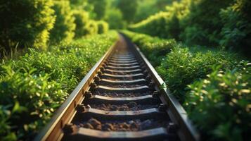 A railway track surrounded by greenery symbolizing the benefits of utilizing trains for transportation over trucks or planes in terms of cost and environmental impact photo