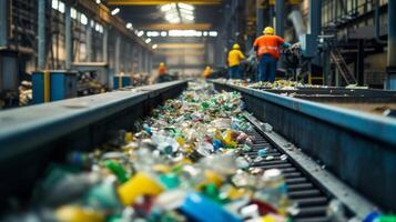 The first image shows a conveyor belt in a factory with workers sorting through piles of discarded materials and separating them into different categories for recycling photo