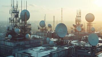 An intriguing aerial view of the factorys rooftop showcasing numerous 5G antennas and satellite dishes used for seamless communication and realtime data tracking photo