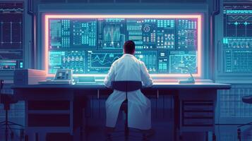 A technician in a sterile lab coat sits at a large futuristiclooking control panel monitoring the flow of information from different sources photo