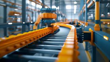A detailed shot of a conveyor belt system in a microfactory filled with small precisioncrafted parts being transported to the next stage of production. With a reduced carbo photo