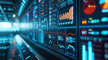 A closeup of a dashboard display in a control room shows a live feed of data points and trends from a multitude of IIoT devices enabling operators to quickly make datadrive photo