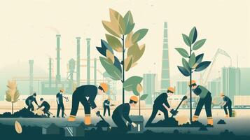 A picture of a group of workers participating in a treeplanting activity near a factory symbolizing the commitment to offsetting carbon emissions and promoting reforestatio photo