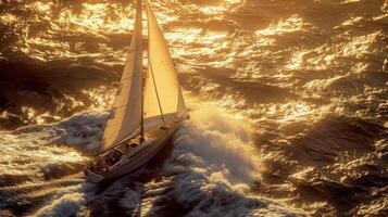 un solitario velero graciosamente navegando mediante el besado por el Sol olas creando un hermosa silueta en contra el espumoso agua foto