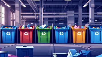 Multicolored bins labeled for different types of waste showcasing the implementation of a circular economy waste management system within the manufacturing facility photo
