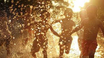 un grupo de niños jugando con un agua manguera el soles rayos reflejando apagado el agua gotas creando un espumoso efecto foto