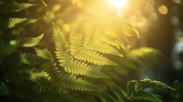 Sun rays peeking through the leaves of a fern creating a mesmerizing pattern of light and shadow photo