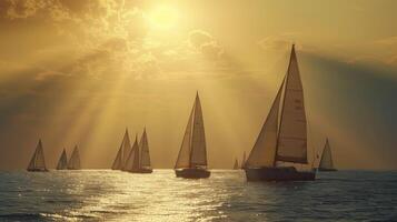 A group of sailboats being guided by the warm embrace of the suns rays adding a touch of magic to the seascape photo