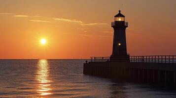 The faint outline of a lighthouse standing watch at the end of the pier adding a charming touch to the already beautiful sunset scene photo