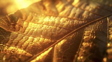 The intricate details of a golden leaf its edges catching the sunlight and creating a beautiful play of light and shadows photo