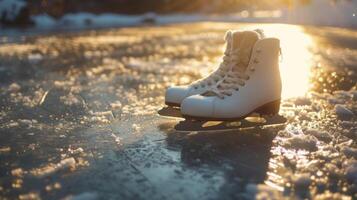 A pair of ice skates rest on a frozen pond the sun shining through the clear ice and creating a magical scene photo