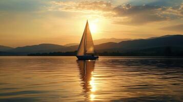 The silhouette of a lone sailboat on a calm lake with the sun setting behind a distant range of hills photo