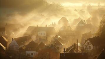 A quaint village shrouded in fog with the warm light of the sun casting a surreal glow over the rooftops photo