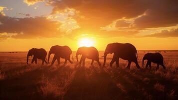 A group of silhouetted elephants roams across a vast and open savanna as the sun sets in a burst of warm colors photo