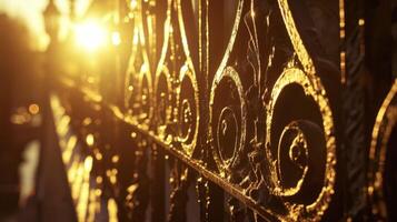 A historic bridge its intricate ironwork illuminated by the glowing sun behind it photo