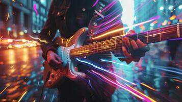 dedos rasgueo un guitarra rodeado por rayas de vistoso ligero en un oscuro ciudad callejón foto