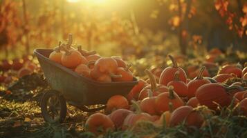 A rustic pumpkin patch glowing in the evening light with a wheelbarrow full of freshly picked gourds photo