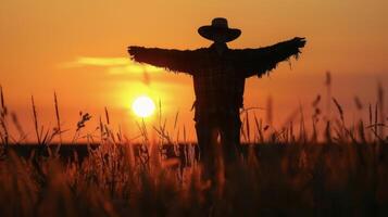A lone scarecrow stands tall against the fading light of the sunset its silhouette blending in with the quiet countryside photo