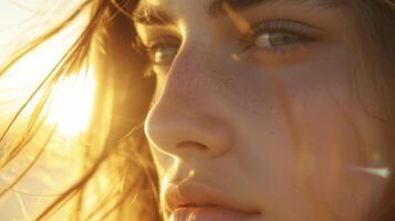 The golden hour light adds a soft warmth to the features of this persons face making for a stunning portrait photo