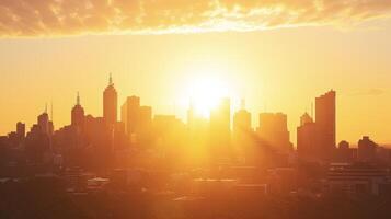 The citys skyline basking in the warm light of a rising sun photo