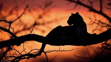 un solitario jaguar descansa en un árbol rama sus sorprendentes silueta en pie fuera en contra el naranja y rojo cielo foto