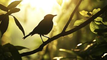 The faint silhouette of a bird perched on a branch soaking up the sun in the midst of the rainforest photo